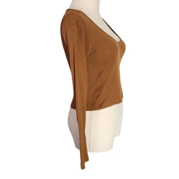 Topshop Brown Long-Sleeve Ribbed Knit Crop Top Womens Size 4 - Picture 2 of 14
